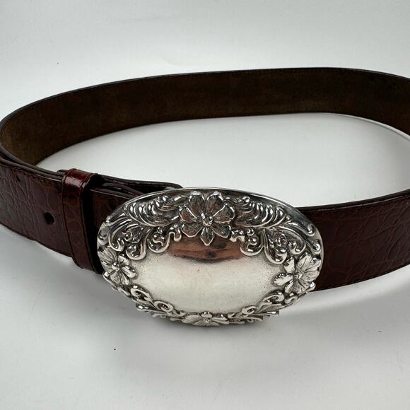 Vintage ROC 1996 Brown Genuine Leather Belt Silver Buckle Florals Womens Size M - Picture 2 of 9